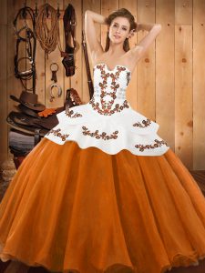 Orange Red Ball Gowns Strapless Sleeveless Tulle Floor Length Lace Up Embroidery Sweet 16 Quinceanera Dress