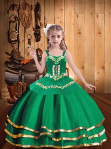 Low Price Floor Length Green Pageant Dress for Girls Straps Sleeveless Lace Up