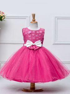 Lovely Hot Pink Scoop Neckline Lace and Bowknot Pageant Dress for Teens Sleeveless Zipper