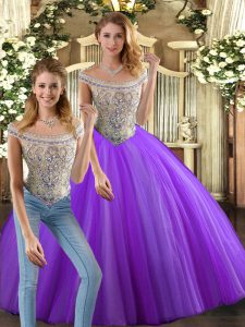High End Tulle Bateau Sleeveless Lace Up Beading 15th Birthday Dress in Eggplant Purple