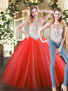 Discount Coral Red Sleeveless Tulle Zipper Ball Gown Prom Dress for Military Ball and Sweet 16 and Quinceanera