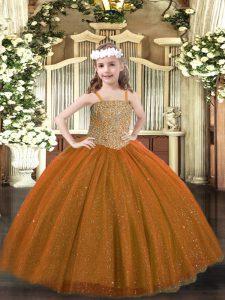Stylish Floor Length Brown Pageant Gowns For Girls Straps Sleeveless Lace Up