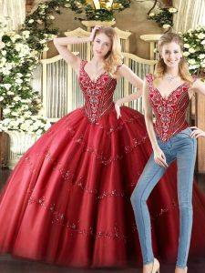 Noble Two Pieces Quinceanera Gown Wine Red V-neck Tulle Sleeveless Floor Length Lace Up