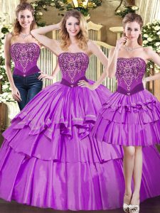 Beautiful Tulle Strapless Sleeveless Lace Up Beading and Ruffled Layers Sweet 16 Dresses in Eggplant Purple