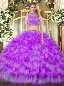 Sumptuous Purple High-neck Neckline Beading and Ruffled Layers Sweet 16 Dresses Sleeveless Backless