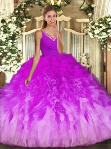 Hot Selling Multi-color Ball Gowns Tulle V-neck Sleeveless Beading and Ruffles Floor Length Backless 15th Birthday Dress