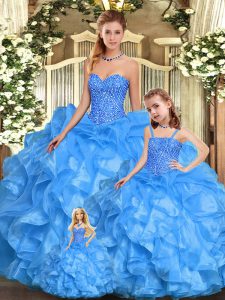 Floor Length Lace Up 15th Birthday Dress Baby Blue for Military Ball and Sweet 16 and Quinceanera with Beading and Ruffles