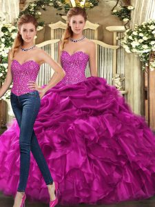 Modest Organza Sweetheart Sleeveless Lace Up Beading and Ruffles Quinceanera Gowns in Fuchsia