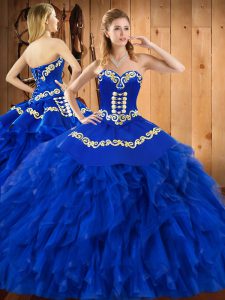 Pretty Sweetheart Sleeveless Juniors Party Dress Floor Length Embroidery and Ruffles Blue Satin and Organza