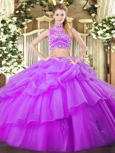 Suitable Eggplant Purple High-neck Backless Beading and Ruffles and Pick Ups Sweet 16 Quinceanera Dress Sleeveless