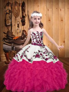 Hot Pink Sleeveless Floor Length Embroidery and Ruffles Lace Up Little Girls Pageant Dress