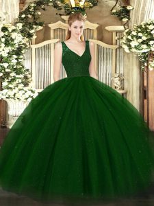 Modest Floor Length Backless 15th Birthday Dress Dark Green for Military Ball and Sweet 16 and Quinceanera with Beading and Lace