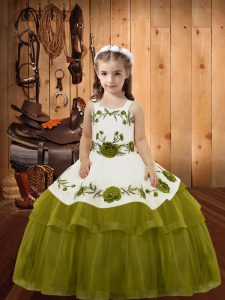 Embroidery and Ruffled Layers Pageant Gowns For Girls Olive Green Lace Up Sleeveless Floor Length