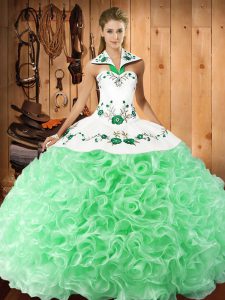 Floor Length Lace Up 15 Quinceanera Dress Apple Green for Military Ball and Sweet 16 and Quinceanera with Embroidery