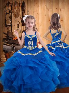 Straps Sleeveless Lace Up Pageant Dress for Teens Blue Organza