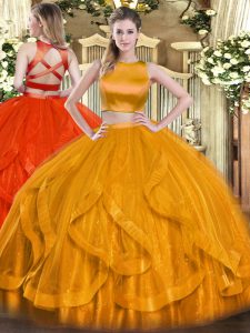 Most Popular Floor Length Orange Red Quinceanera Dress Tulle Sleeveless Ruffles