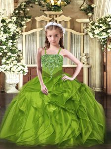 Top Selling Olive Green Sleeveless Floor Length Beading and Ruffles Lace Up Kids Formal Wear