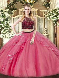 Halter Top Sleeveless Military Ball Gowns Floor Length Beading and Ruffles Coral Red Organza