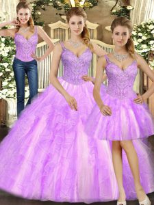 Sleeveless Floor Length Beading and Ruffles Lace Up Sweet 16 Dress with Lilac