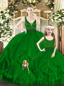 Green Sleeveless Organza Zipper 15th Birthday Dress for Military Ball and Sweet 16 and Quinceanera