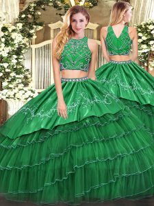 Inexpensive High-neck Sleeveless Quinceanera Dresses Floor Length Beading and Embroidery and Ruffled Layers Green Tulle