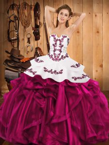 Discount Fuchsia Ball Gowns Strapless Sleeveless Satin and Organza Floor Length Lace Up Embroidery and Ruffles Quince Ball Gowns