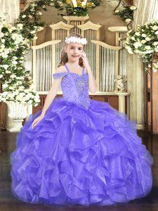 Floor Length Lavender Girls Pageant Dresses Organza Sleeveless Beading and Ruffles
