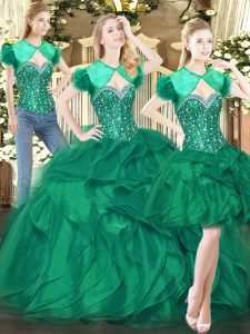 Superior Floor Length Dark Green Ball Gown Prom Dress Tulle Sleeveless Beading and Ruffles