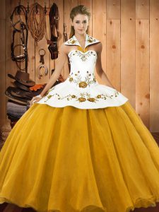 Super Gold Sleeveless Satin and Tulle Lace Up Sweet 16 Dresses for Military Ball and Sweet 16 and Quinceanera