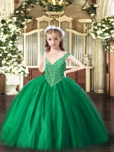 Fashionable Green Ball Gowns Tulle V-neck Sleeveless Beading Floor Length Lace Up Pageant Dress for Girls