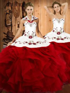 Wine Red Satin and Organza Lace Up Quinceanera Dresses Sleeveless Floor Length Embroidery and Ruffles