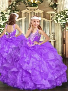 Lavender Organza Lace Up V-neck Sleeveless Floor Length Little Girls Pageant Dress Wholesale Beading and Ruffles