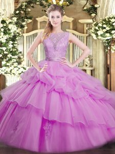 Lilac Sweet 16 Dress Military Ball and Sweet 16 and Quinceanera with Lace and Ruffled Layers Scoop Sleeveless Backless