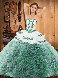 Exquisite Sleeveless Satin and Fabric With Rolling Flowers With Train Sweep Train Lace Up Quince Ball Gowns in Multi-color with Embroidery