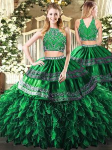 Colorful Dark Green Sleeveless Beading and Ruffles Floor Length Quince Ball Gowns