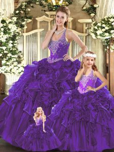 Low Price Purple Sleeveless Beading and Ruffles Floor Length Quinceanera Gowns