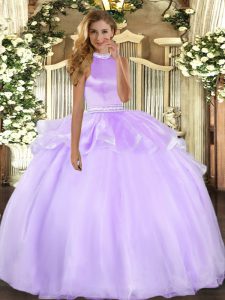 Fitting Lavender Tulle Backless Halter Top Sleeveless Floor Length Quinceanera Dress Beading and Ruffles
