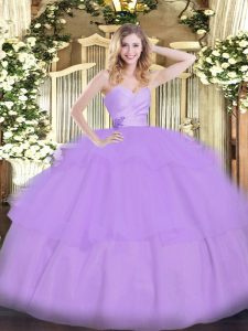 Lavender Quince Ball Gowns Military Ball and Sweet 16 and Quinceanera with Beading and Ruffled Layers Sweetheart Sleeveless Lace Up