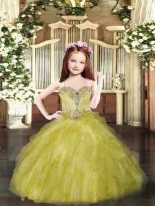 Great Olive Green Ball Gowns Spaghetti Straps Sleeveless Tulle Floor Length Lace Up Beading and Ruffles Kids Formal Wear