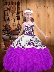 Straps Sleeveless Glitz Pageant Dress Floor Length Beading and Embroidery and Ruffles Purple Organza
