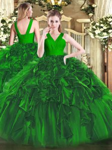 Superior Floor Length Dark Green Quinceanera Dresses Organza Sleeveless Ruffles