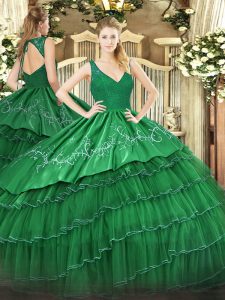 Sweet Floor Length Zipper Sweet 16 Quinceanera Dress Green for Sweet 16 and Quinceanera with Beading and Embroidery and Ruffled Layers