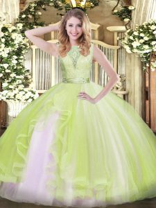 Fantastic Yellow Green Ball Gowns Scoop Sleeveless Organza Floor Length Backless Lace and Ruffles Quince Ball Gowns