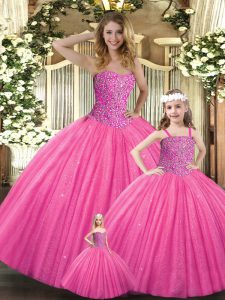 Dazzling Hot Pink Tulle Lace Up Sweetheart Sleeveless Floor Length Quinceanera Dress Beading