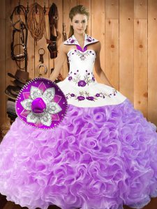 Gorgeous Sleeveless Fabric With Rolling Flowers Floor Length Lace Up Quinceanera Gown in Lilac with Embroidery