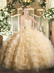 Decent Champagne Lace Up Sweet 16 Dresses Beading and Ruffled Layers Sleeveless Floor Length