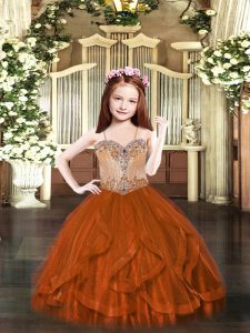 Rust Red Lace Up Pageant Dress Womens Beading and Ruffles Sleeveless Floor Length