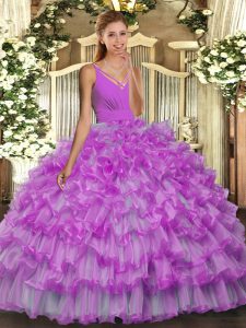 Artistic Lilac Organza Backless V-neck Sleeveless Floor Length Quinceanera Gown Beading and Ruffles