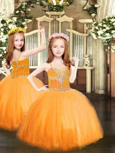 Floor Length Ball Gowns Sleeveless Orange Little Girl Pageant Gowns Lace Up