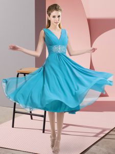 Free and Easy Empire Dama Dress for Quinceanera Aqua Blue V-neck Chiffon Sleeveless Knee Length Side Zipper